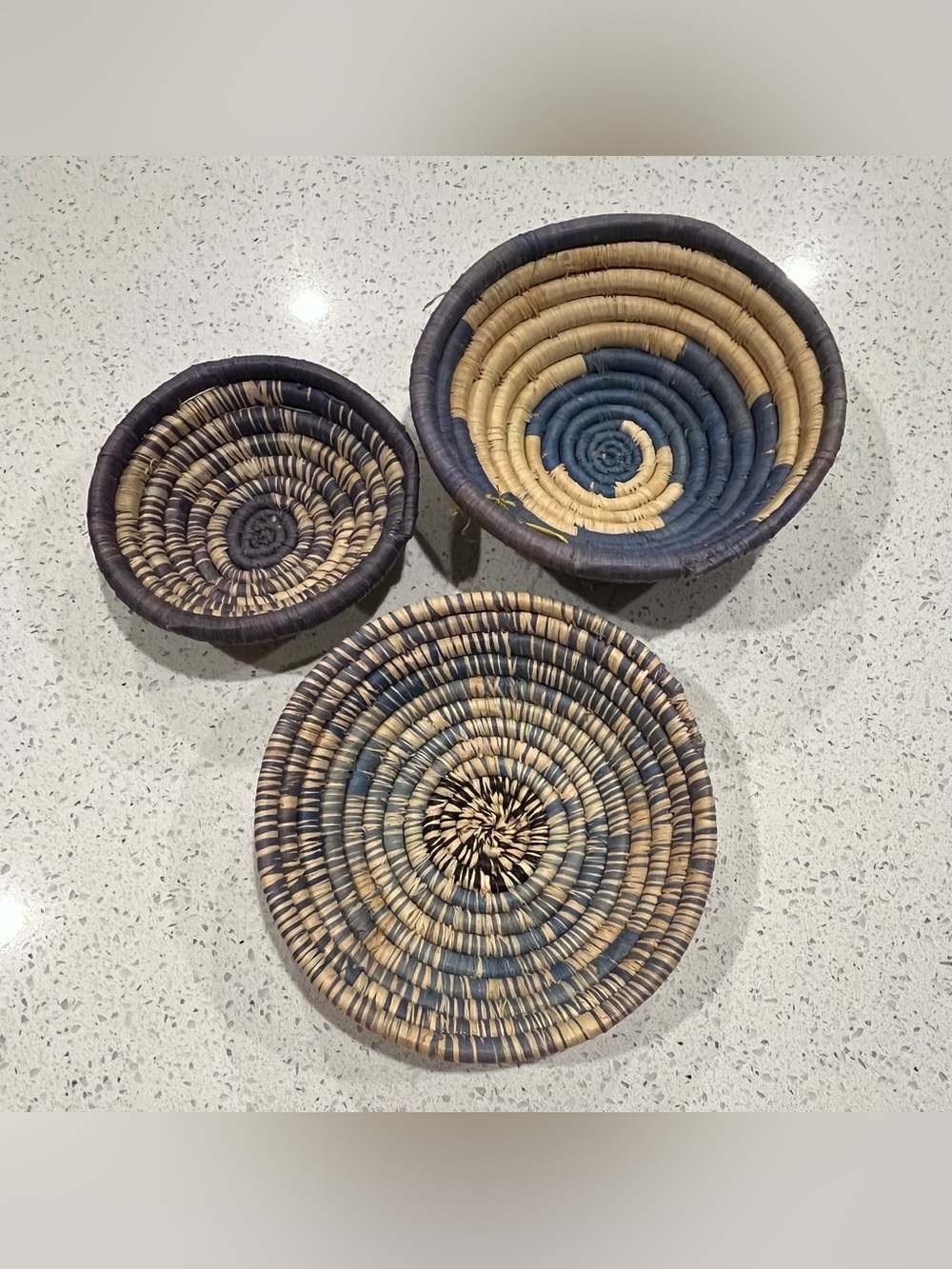 African Uganda Woven Bowl Set (3)- Coastal Light Purple Woven Blues & White